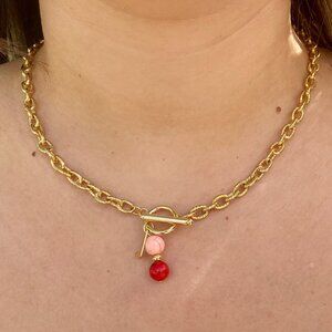 Gold, Pink & Red Color Stainless Steel Necklace